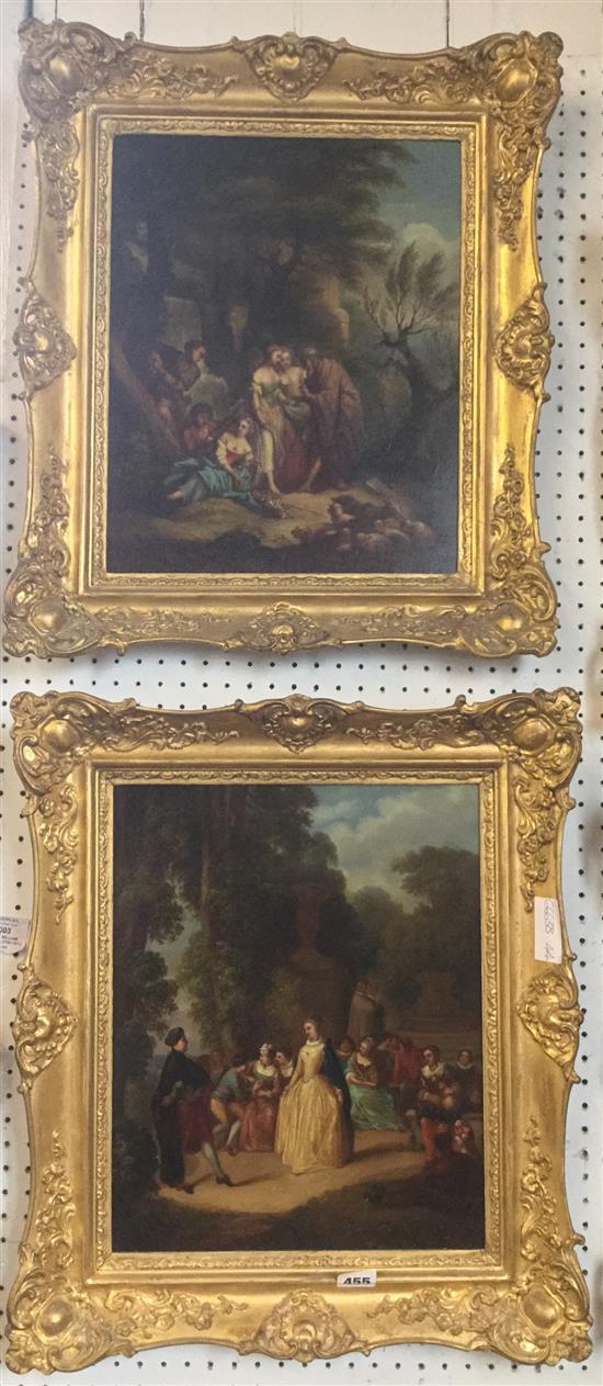 Continental School, pair of oleographs with figures in classical settings, swept gilt frames